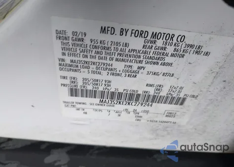 2019 Ford Ecosport Titanium z USA, uszkodzony, nr VIN MAJ3S2KE2KC279244